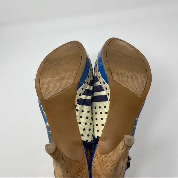 Nine West Blue Patterned Cork Heel Slingback Peep Toe Pumps Size 10 - Picture 5 of 8